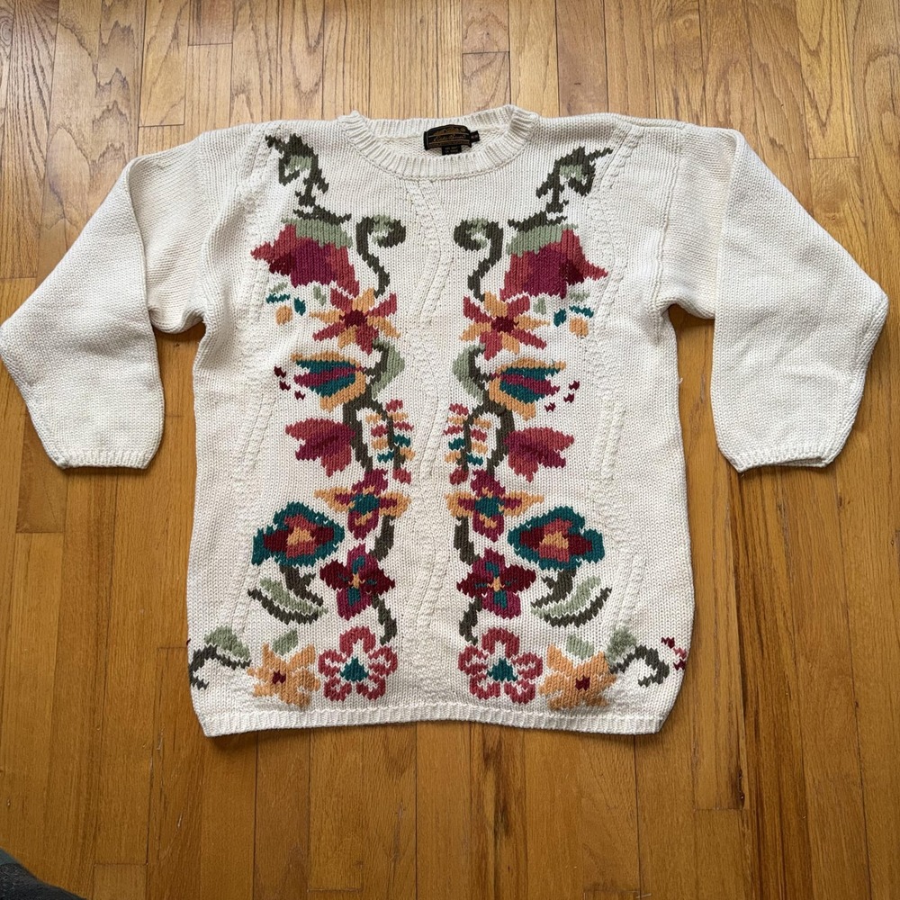 Vintage Eddie Bauer Sweater M White Floral Intarsiaโ Knit Tunic 80s 90s Cottage